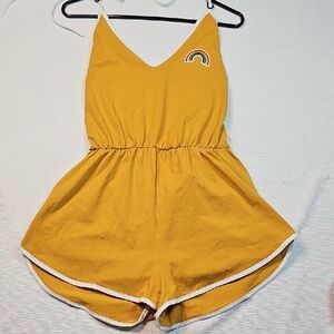 NWT SweatyRocks Yellow Romper Rainbow  V-Neck Elastic Waist Size L Summer Retro